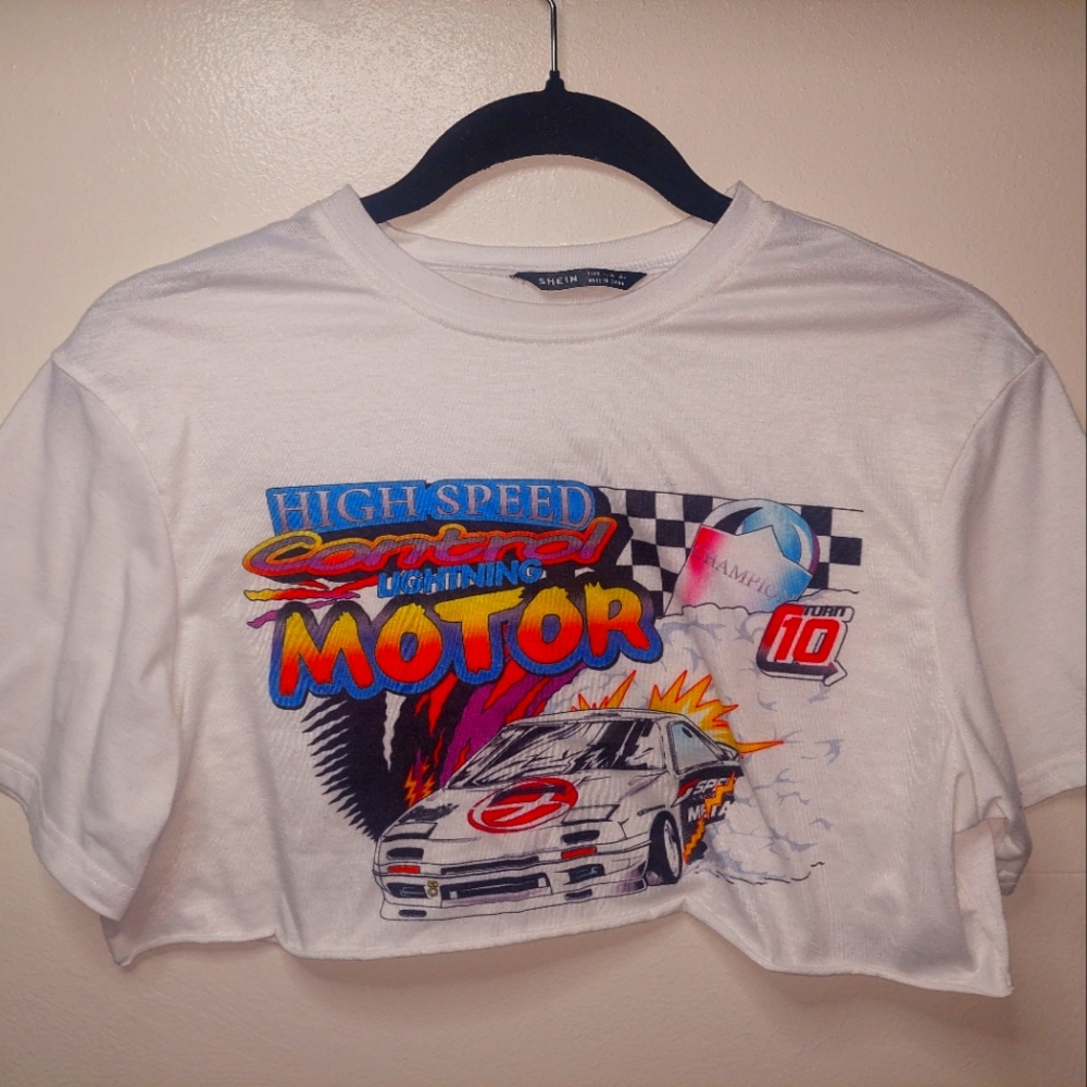 Shein white car racing crop top t-shirt